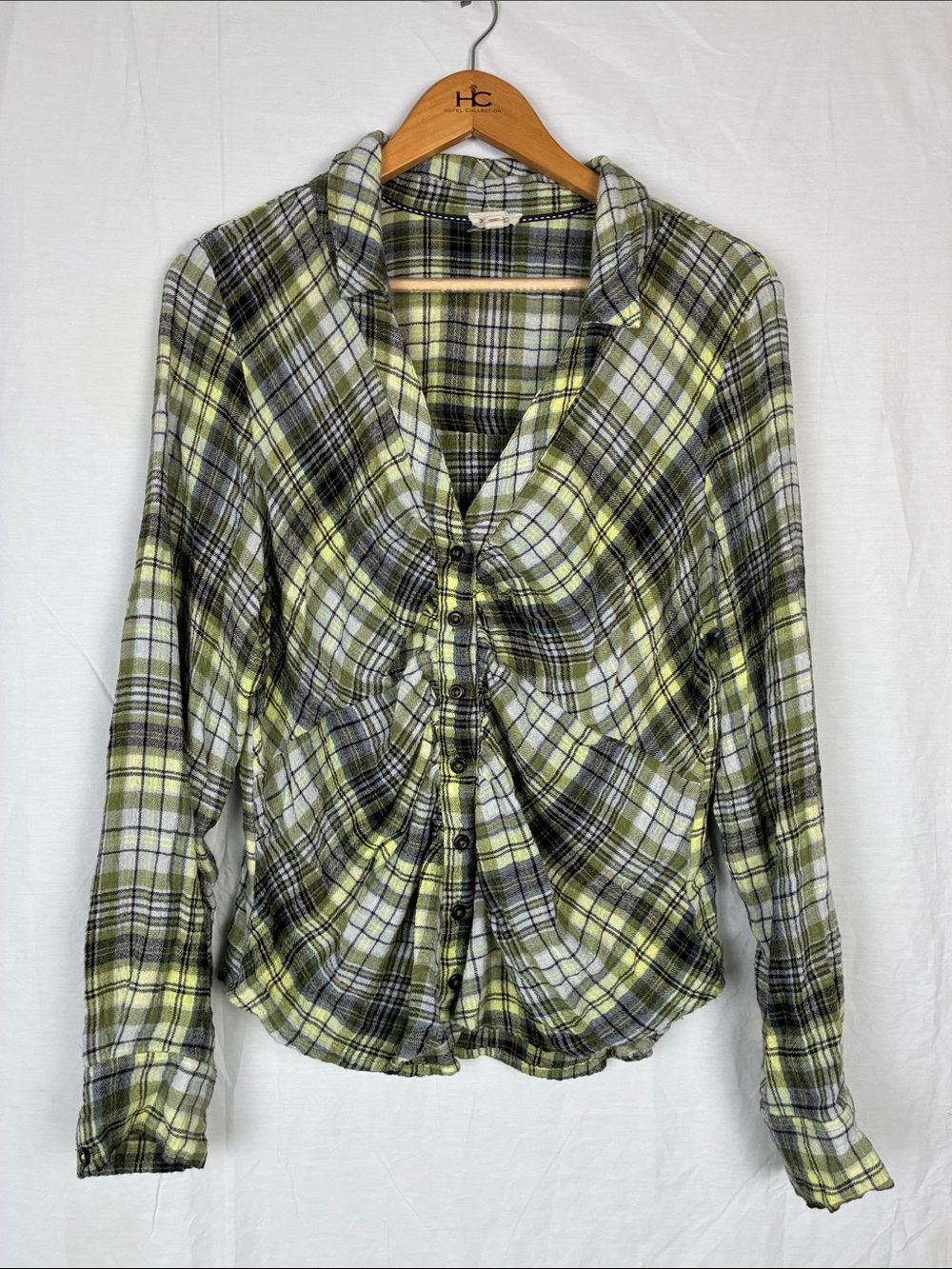 Pilcro Flannel Plaid Button-Front Shirt Ruched Center Green White Anthropologie